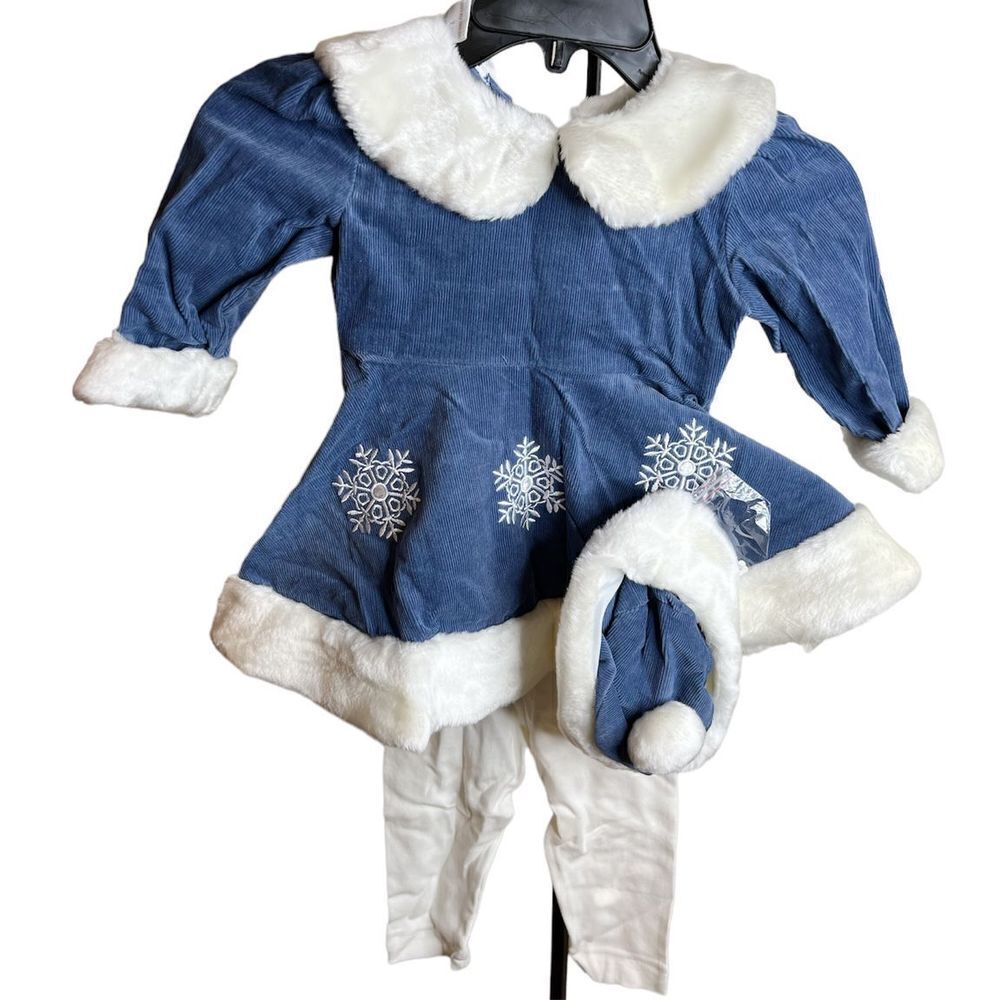 ❤️Sweet kids Christmas corduroy embroidered Santa dress w/matching hat & Lggngs